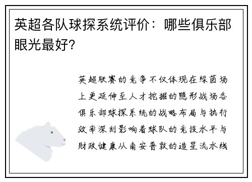 英超各队球探系统评价：哪些俱乐部眼光最好？