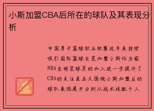 小斯加盟CBA后所在的球队及其表现分析